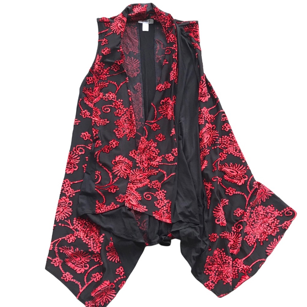 Aris.A Black Red XL Sleeveless Vest Floral Feather Print Open Front Mid Length